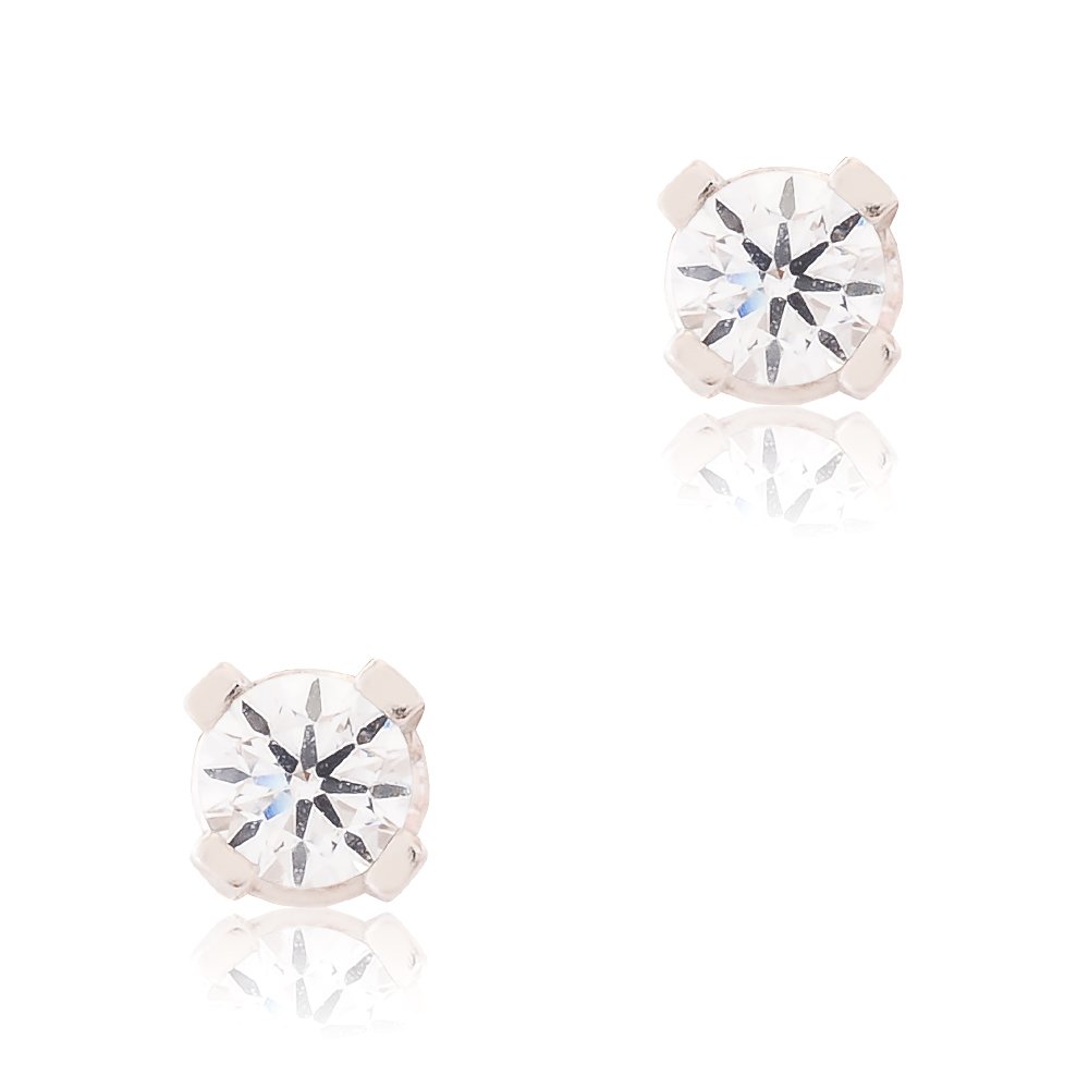 Σκουλαρίκια μονόπετρα ασημένια 925 με επιπλατίνωμα. Είναι διακοσμημένα με λευκές πέτρες ζιργκόν και έχουν διάμετρο 3mm.