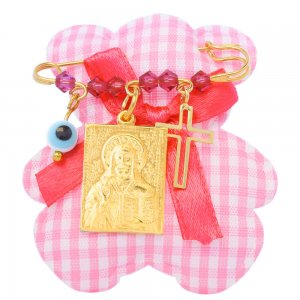 Παραμάνα για κοριτσάκι ασημένια 925 επιχρυσωμένο. Είναι διακοσμημένη με φυλαχτό με τον Χριστό, ματάκι, σταυρουδάκι και όμορφες ροζ πέτρες.