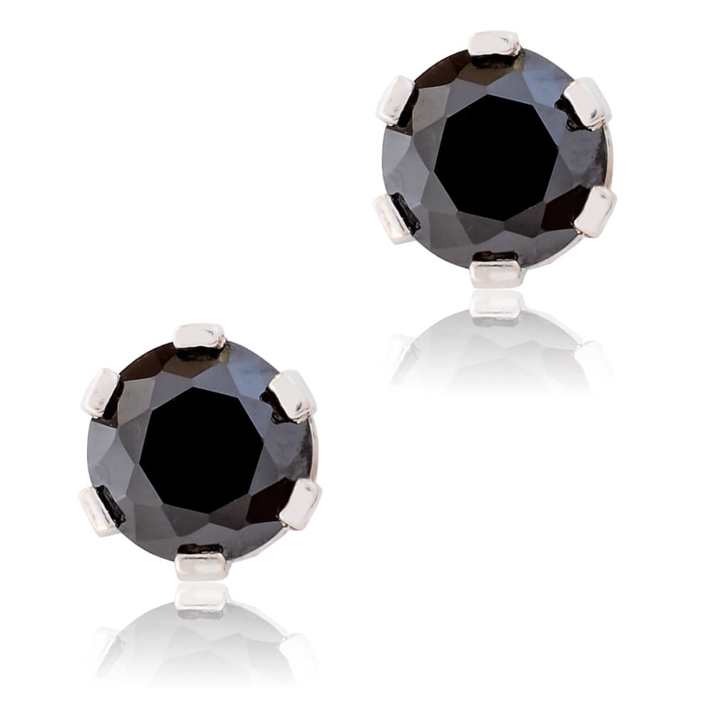 Σκουλαρίκια ασημένια με πέτρες ζιργκόν, επιπλατινωμένα. Έχουν διακριτικό μονόπετρο σχέδιο με διάμετρο 5mm και είναι διακοσμημένα με μαύρες πέτρες ζιργκόν.