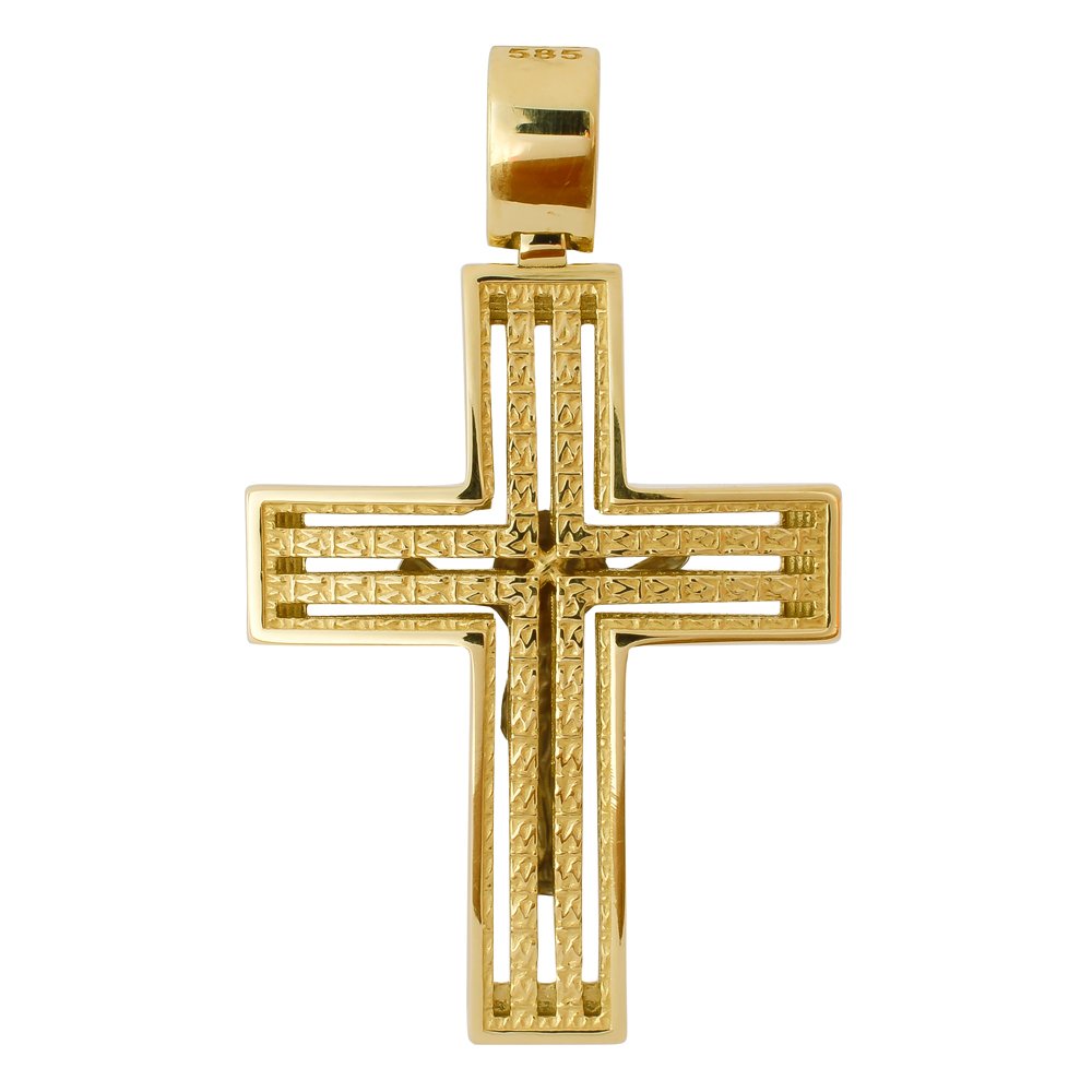 Χρυσός σταυρός με Εσταυρωμένο 14Κ για αγόρι. Έχει λουστρέ επεξεργασία σε επιφάνεια με διακοσμητικές εγκοπές και ανάγλυφο Εσταυρωμένο. Συνδυάστε τον με τις προτεινόμενες αλυσίδες.