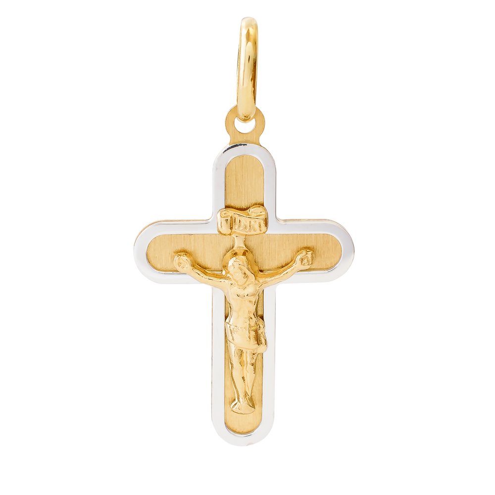 Οικονομικός χρυσός σταυρός 14Κ δίχρωμος για άνδρα, διακοσμημένος με ανάγλυφο Εσταυρωμένο. Μπορεί να φορεθεί και ως βαπτιστικός, αν συνδυαστεί με τις προτεινόμενες αλυσίδες.