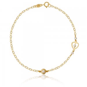 Χρυσό βραχιόλι με μαργαριτάρι 14Κ, διακοσμημένο με διάτρητη καρδιά. Τα μαργαριτάρια είναι καλλιεργημένα (fresh water pearls) και το μήκος του βραχιολιού είναι 18,5 cm.