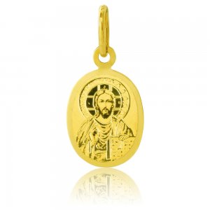 Χρυσό φυλαχτό για νεογέννητο 14Κ, σε οβάλ σχήμα, διακοσμημένο με χαραγμένη αποτύπωση του Ιησού. Ιδανικό δώρο για νεογέννητο αγοράκι.