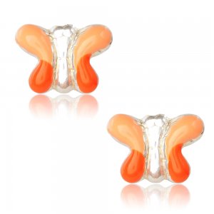 Παιδικά σκουλαρίκια πεταλούδα ασημένια 925, επιπλατινωμένα, σε καρφωτό σχέδιο. Είναι διακοσμημένα με σμάλτο σε πορτοκαλί αποχρώσεις.