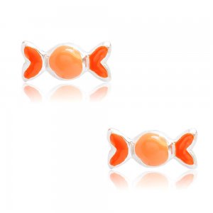 Σκουλαρίκια παιδικά καραμέλες ασημένια 925, επιπλατινωμένα, σε καρφωτό σχέδιο. Είναι διακοσμημένα με σμάλτο σε πορτοκαλί αποχρώσεις.