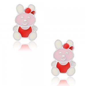 Σκουλαρίκια για το παιδί ασημένια, επιπλατινωμένα, σε καρφωτό σχέδιο κουνελάκι. Είναι διακοσμημένα με σμάλτο σε διάφορα χρώματα.