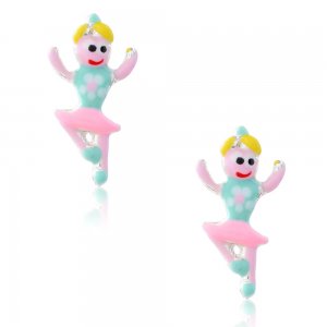 Ασημένια σκουλαρίκια παιδικά μπαλαρίνα, καρφωτά, διακοσμημένα με σμάλτο σε ροζ και βεραμάν αποχρώσεις.