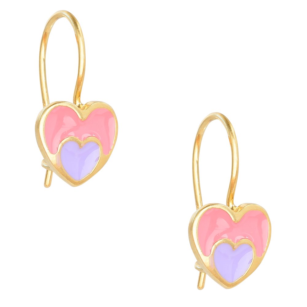 Κρεμαστά σκουλαρίκια καρδιές από ασήμι 925, επίχρυσα. Είναι διακοσμημένα με σμάλτο σε ροζ και μοβ χρώμα.
