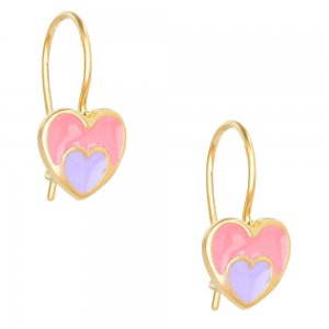 Κρεμαστά σκουλαρίκια καρδιές από ασήμι 925, επίχρυσα. Είναι διακοσμημένα με σμάλτο σε ροζ και μοβ χρώμα.