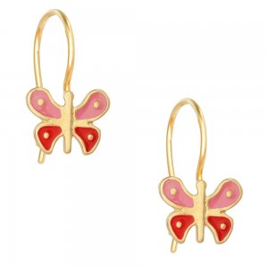 Κρεμαστά ασημένια σκουλαρίκια πεταλούδα 925, επίχρυσα. Είναι διακοσμημένα με σμάλτο σε ροζ και κόκκινο χρώμα.