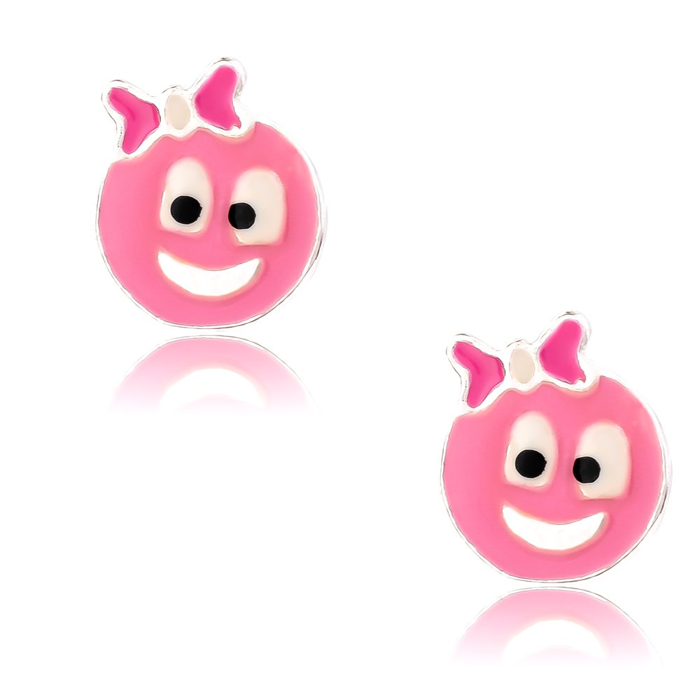 Ροζ σκουλαρίκια παιδικά ασημένια 925, καρφωτά, σε σχέδιο χαμογελαστό πρόσωπο. Είναι διακοσμημένα με σμάλτο.