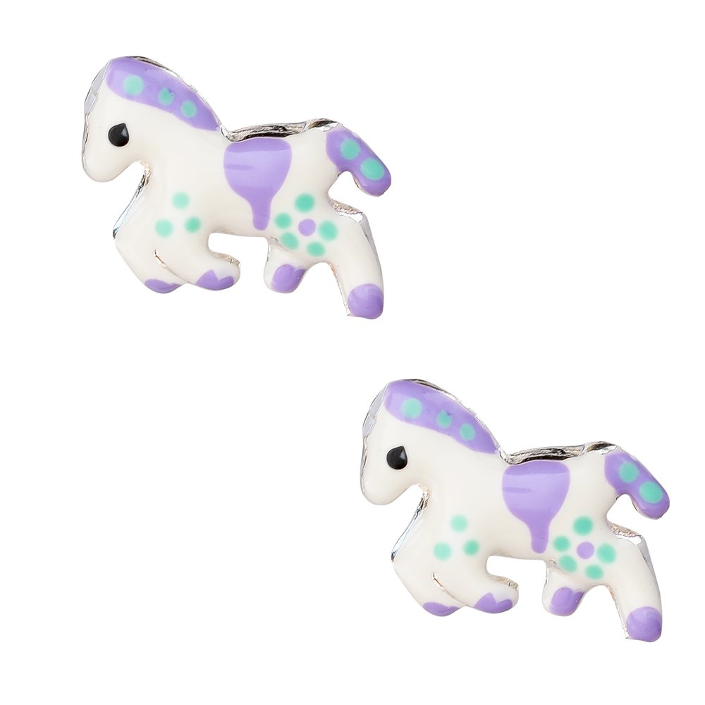 Σκουλαρίκια παιδικά αλογάκι ασημένια, καρφωτά, διακοσμημένα με σμάλτο σε λευκό χρώμα με μοβ λεπτομέρειες.