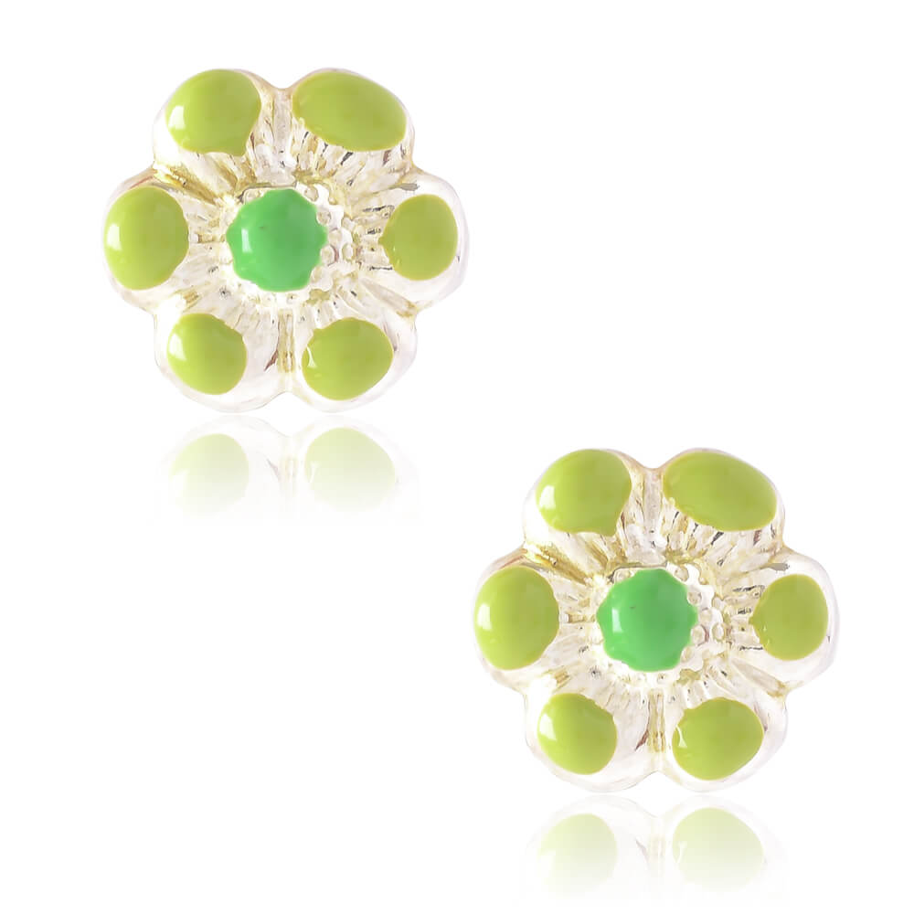 Λουλούδια παιδικά σκουλαρίκια από ασήμι 925, επιπλατινωμένα. Είναι καρφωτά, διακοσμημένα με σμάλτο σε πράσινο χρώμα.