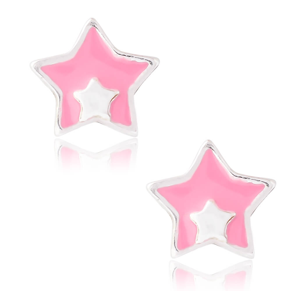 Παιδικά σκουλαρίκια αστέρια από ασήμι 925, επιπλατινωμένα. Είναι καρφωτά, διακοσμημένα με σμάλτο σε ροζ χρώμα.