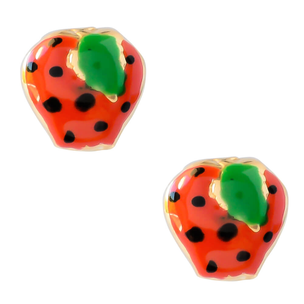 Παιδικά σκουλαρίκια φράουλα από ασήμι 925, επιχρυσωμένα. Είναι διακοσμημένα με σμάλτο σε κόκκινο χρώμα.