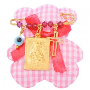 Δώρο για νεογέννητο κοριτσάκι από ασήμι 925 επίχρυσο, με αρκουδάκι. Η παραμάνα είναι διακοσμημένη με φυλαχτό με την Παναγία, ματάκι, σταυρουδάκι και ροζ πέτρες.