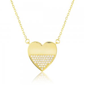 Κολιέ καρδιά χρυσό 9Κ, σε μοντέρνο σχέδιο διακοσμημένο με πέτρες ζιργκόν στη μισή επιφάνεια.
