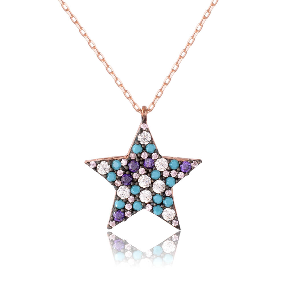 Κολιέ με πέτρες αστέρι ασημένιο 925. Το αστέρι είναι διακοσμημένο με εντυπωσιακές πέτρες σε τυρκουάζ, μοβ και λευκό χρώμα.