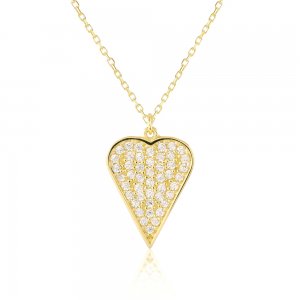 Χρυσό κολιέ καρδιά 9Κ, σε μοντέρνο σχέδιο διακοσμημένο με πέτρες ζιργκόν σε όλη την επιφάνεια.
