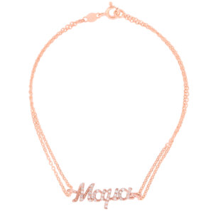 Βραχιόλι μαμά ροζ επίχρυσο από ασήμι 925, με διπλή αλυσίδα, διακοσμημένο με λευκές πέτρες ζιργκόν.