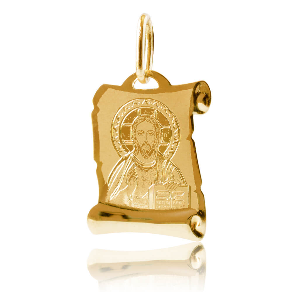 Χρυσό φυλαχτό για μωρό 9Κ, διακοσμημένο με χαραγμένη απεικόνιση του Χριστού σε λουστρέ και ματ φινίρισμα. Συνδυάστε το με αλυσίδα ή παραμάνα.