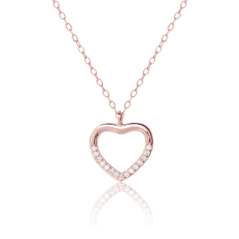 Κολιέ καρδιά ροζ επίχρυσο από ασήμι 925. Έχει διάτρητο σχέδιο και είναι διακοσμημένο με διακριτικά ζιργκόν.