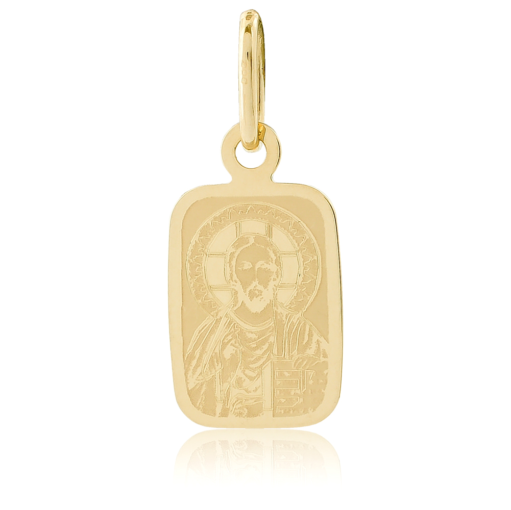 Φυλαχτό Χριστός χρυσό 14Κ, σε ορθογώνιο σχήμα, διακοσμημένο με χαραγμένη αποτύπωση του Ιησού. Συνδυάστε το με τις προτεινόμενες παραμάνες.