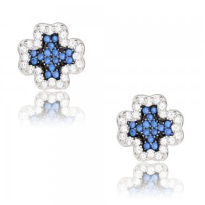 Σκουλαρίκια καρφωτά από ασήμι 925 επιπλατινωμένο, σε σχήμα λουλουδιού, διακοσμημένα με μπλε και λευκά ζιρκόν.