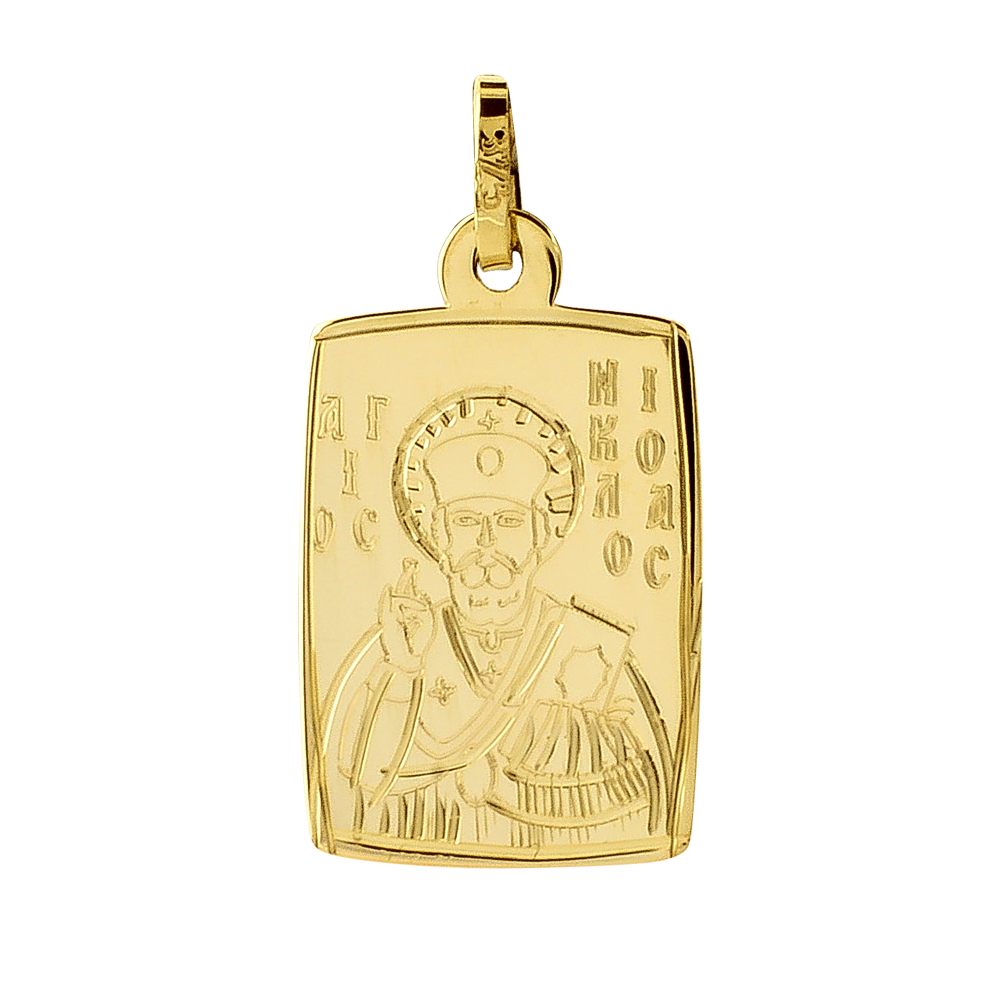 Φυλαχτό Άγιος Νικόλαος χρυσό 9Κ, σε ορθογώνιο σχήμα με χαραγμένη απεικόνιση. Συνδυάστε το με αλυσίδα, κορδόνι ή παιδική παραμάνα.