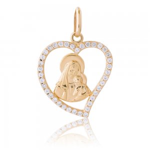 Χρυσό δώρο για μωρό 14Κ με ανάγλυφη αποτύπωση της Παναγίας, μέσα σε διάτρητο περίγραμμα σε σχήμα καρδιάς, με λευκές πέτρες ζιργκόν.