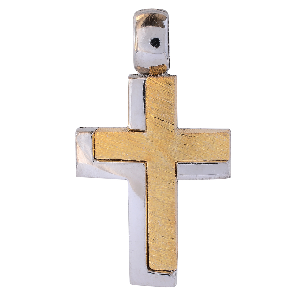Ασημένιος σταυρός 925 δίχρωμος, σε μοντέρνο σχέδιο, με ανάγλυφες γραμμές. Συνδυάστε τον με τις προτεινόμενες αλυσίδες.