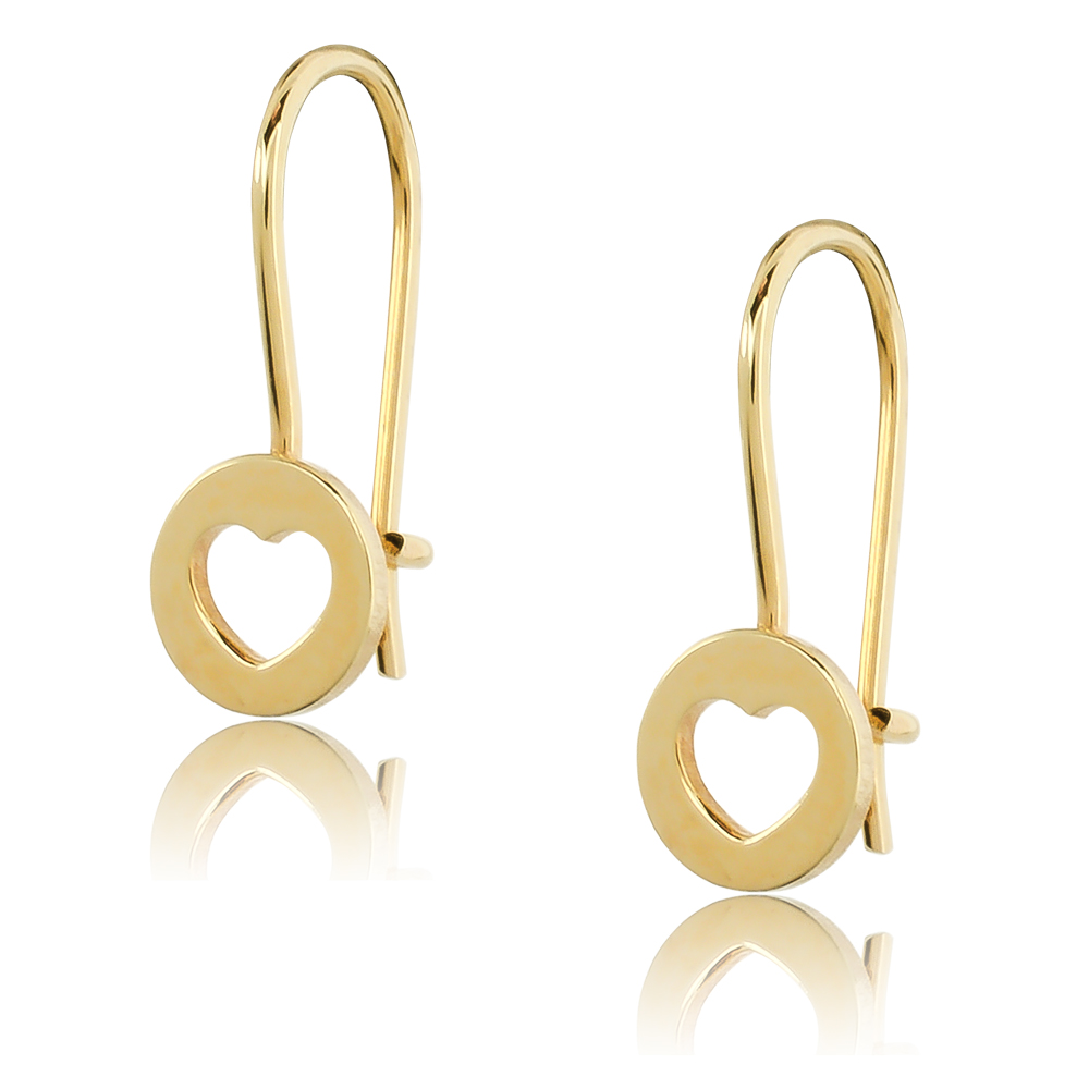 Σκουλαρίκια για κορίτσι χρυσά 9Κ κρεμαστά, σε στρογγυλό σχέδιο με διάτρητη καρδιά.