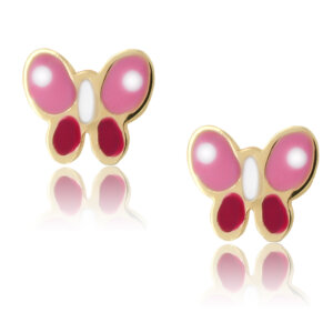 Σκουλαρίκια για κοριτσάκι χρυσά 9Κ σε σχέδιο πεταλούδα, διακοσμημένα με σμάλτο σε ροζ χρώμα.