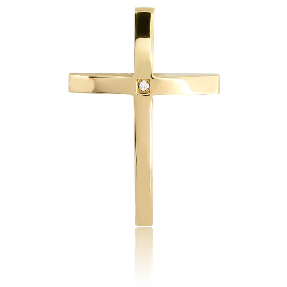 Μασίφ χρυσός σταυρός 14Κ σε υπέροχο διακριτικό σχέδιο. Έχει λεπτή επιφάνεια με ένα διακριτικό ζιργκόν στο κέντρο. Συνδυάστε τον με τις προτεινόμενες αλυσίδες.