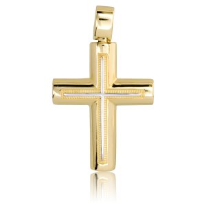 Χρυσός σταυρός βάπτισης αγόρι 14 καρατίων, με μοντέρνο σχέδιο. Η επιφάνεια του είναι καμπυλωτή και διακοσμημένη με ανάγλυφα στοιχεία. Συνδυάστε τον με τις προτεινόμενες αλυσίδες.
