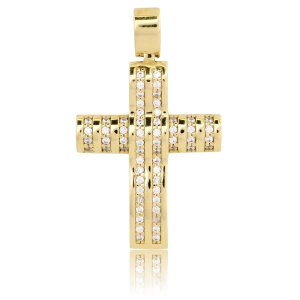 Χρυσός σταυρός για κοριτσάκι 14 καρατίων, με πολύ ξεχωριστό σχέδιο. Η επιφάνεια του είναι κυματιστή και διακοσμημένη με ζιργκόν. Φοριέται και από την πίσω όψη. Συνδυάστε τον με τις προτεινόμενες αλυσίδες.