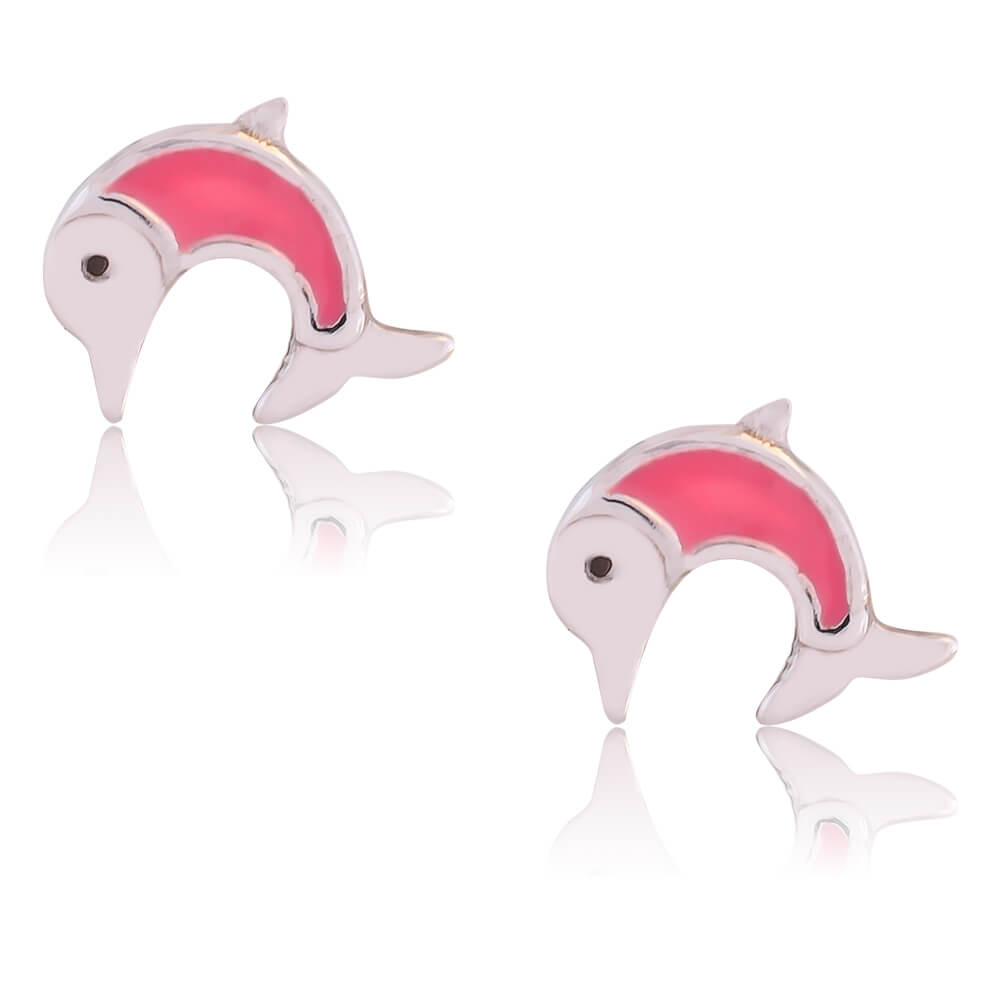 Ασημένια παιδικά σκουλαρίκια δελφίνια, από ασήμι 925 επιπλατινωμένο. Είναι καρφωτά, διακοσμημένα με σμάλτο σε ροζ χρώμα.