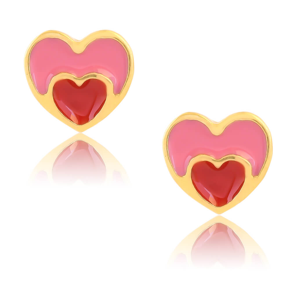 Σκουλαρίκια για κοριτσάκι ασήμι 925, επίχρυσα, σε καρφωτό σχέδιο καρδιά. Είναι διακοσμημένα με σμάλτο σε ροζ και κόκκινο χρώμα.