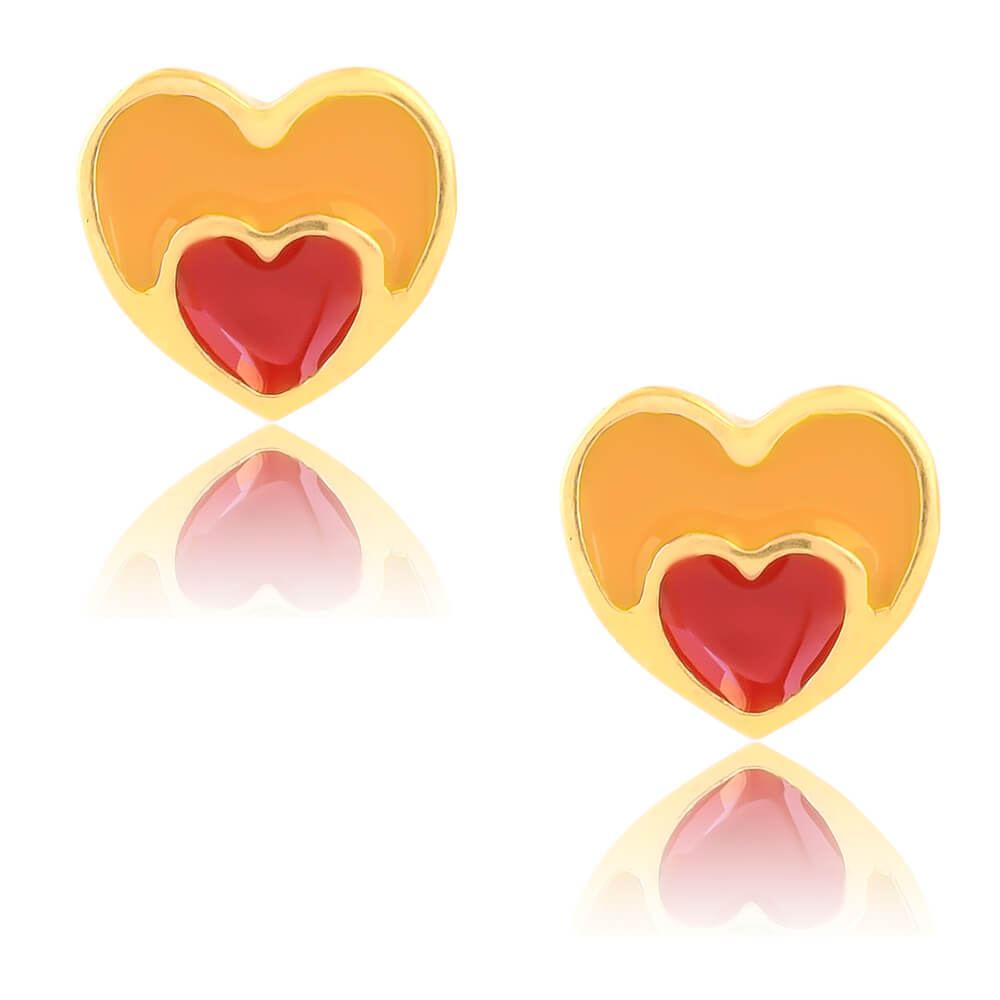 Σκουλαρίκια για κοριτσάκια ασήμι 925, επίχρυσα, σε καρφωτό σχέδιο καρδιά. Είναι διακοσμημένα με σμάλτο σε πορτοκαλί και κόκκινο χρώμα.
