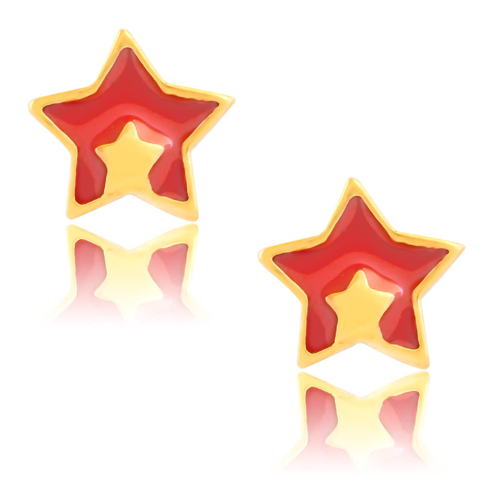 Αστέρια παιδικά σκουλαρίκια ασήμι 925, επιχρυσωμένα. Είναι καρφωτά, διακοσμημένα με σμάλτο σε κόκκινο χρώμα.
