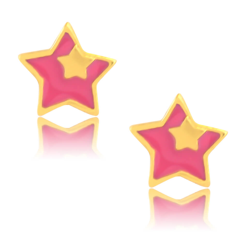 Αστέρια σκουλαρίκια παιδικά ασήμι 925, επιχρυσωμένα. Είναι καρφωτά, διακοσμημένα με σμάλτο σε ροζ χρώμα.