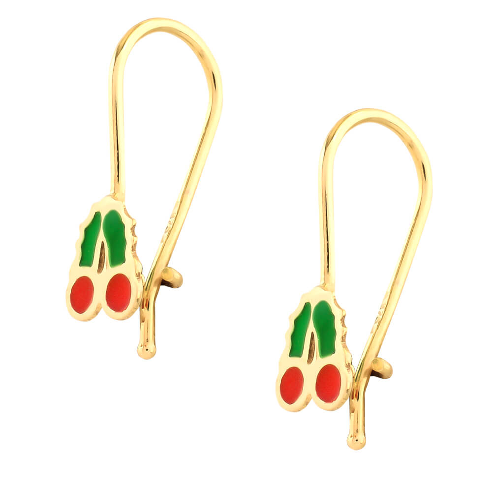 Σκουλαρίκια χρυσά 9Κ για κοριτσάκια, σε κρεμαστό σχέδιο, διακοσμημένα με κερασάκια με σμάλτο σε κόκκινο και πράσινο χρώμα.