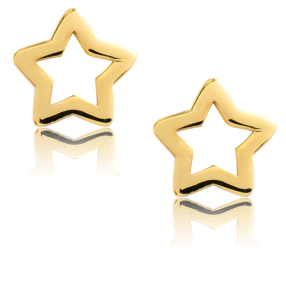 Χρυσά σκουλαρίκια αστέρια 9Κ καρφωτά, σε διάτρητο σχέδιο.