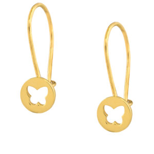 Χρυσά σκουλαρίκια για κορίτσι 9Κ κρεμαστά, σε στρογγυλό σχέδιο με διάτρητη πεταλούδα.