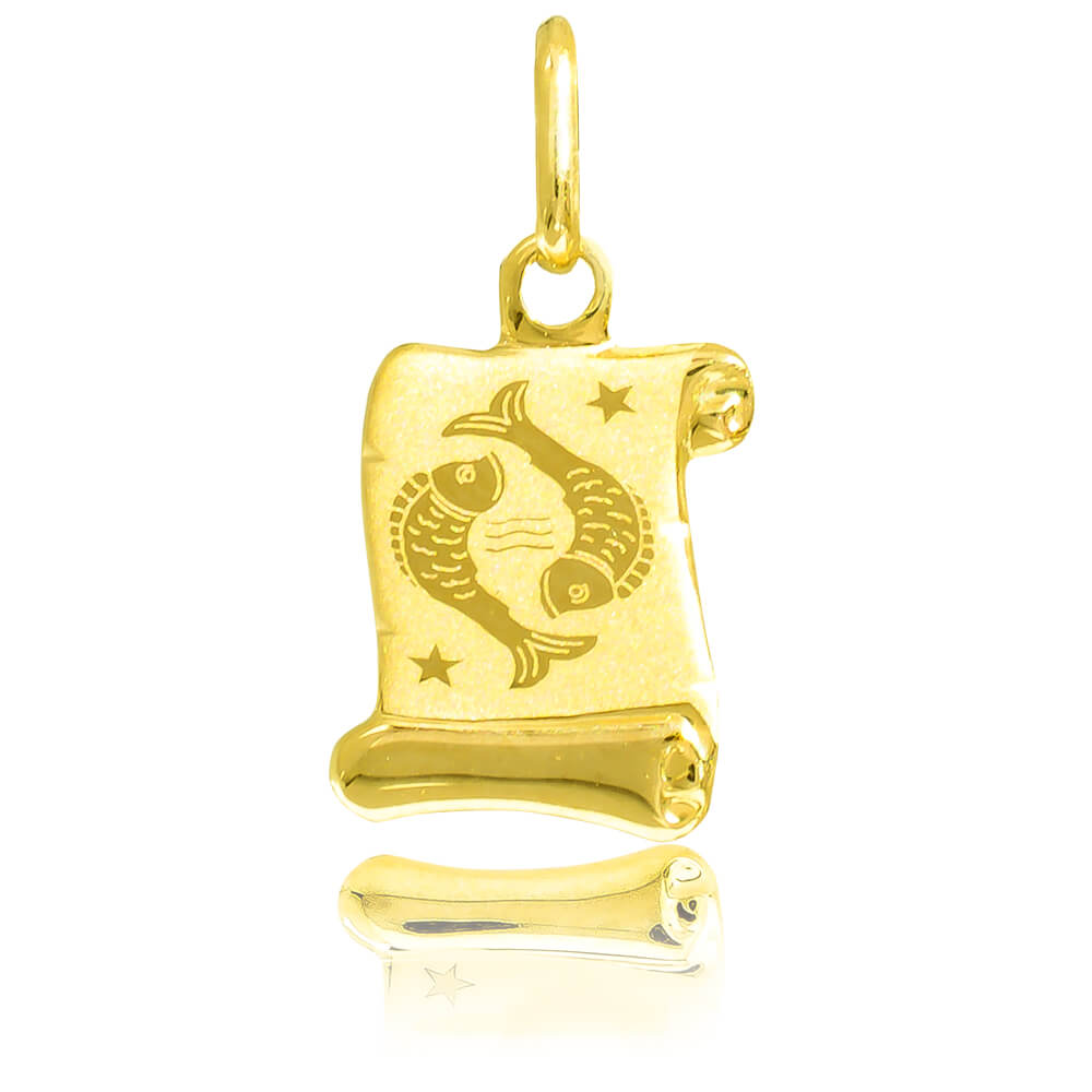 Ζώδιο Ιχθύς χρυσό 14Κ, σε σχέδιο πάπυρου, διακοσμημένο με χαραγμένη αποτύπωση του ζωδιακού συμβόλου.