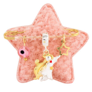 Ζώδιο Παρθένος για μωρό από ασήμι 925 επίχρυσο, σε ροζ αστεράκι. Η παραμάνα είναι διακοσμημένη με επάργυρο κρεμαστό ζώδιο Παρθένος, ματάκι, αστέρι και ροζ πέτρες.