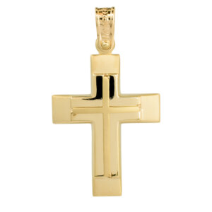 Χρυσός σταυρός αγόρι 14Κ, σε σχέδιο δύο όψεων. Η επιφάνεια του συνδυάζει λουστρέ και ματ φινίρισμα και λεπτό ένθετο σταυρό. Η πίσω όψη φέρει αναπαράσταση της Βάπτισης του Ιησού. Συνδυάστε τον με τις προτεινόμενες αλυσίδες.