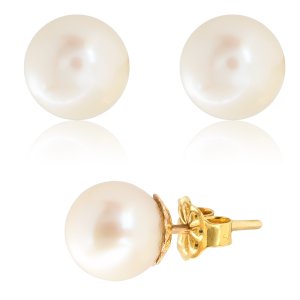 Μαργαριτάρι σκουλαρίκια χρυσά 14Κ σε απλό διαχρονικό σχέδιο. Τα μαργαριτάρια είναι καλλιεργημένα (fresh water pearls), έχουν λευκό χρώμα και διάμετρο 8 – 8.5 mm.