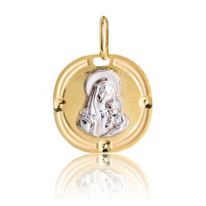 Παναγία μενταγιόν χρυσό 14Κ σε ιδιαίτερο σχέδιο με ανάγλυφη αποτύπωση της Παναγίας με το βρέφος σε λευκόχρυσο. Συνδυάστε το με αλυσίδα για τον λαιμό ή παιδική παραμάνα.