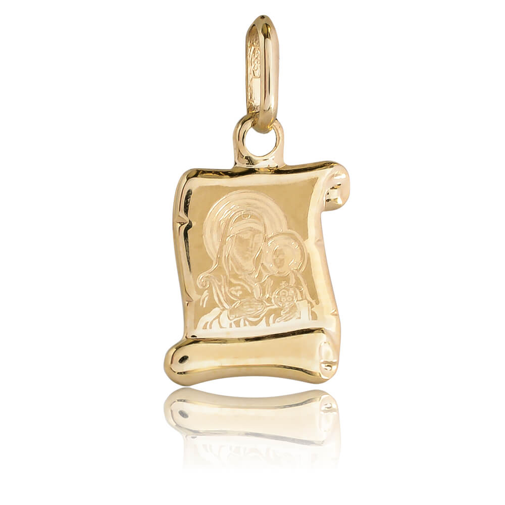 Παναγία φυλαχτό από χρυσό 14Κ 43005 Παναγία φυλαχτό από χρυσό 14Κ, σε πρωτότυπο σχέδιο πάπυρου, με χαραγμένη απεικόνιση της Παναγίας Βρεφοκρατούσας. Συνδυάστε το με αλυσίδα ή παιδική παραμάνα.